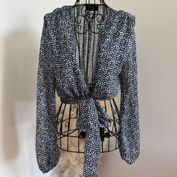 VICI Navy Dot Print Sheer Cropped Tie Front Blouse With Metallic Threads Small - Picture 4 of 11